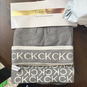 Calvin Klein Gray CK Logo Hat and Scarf Set